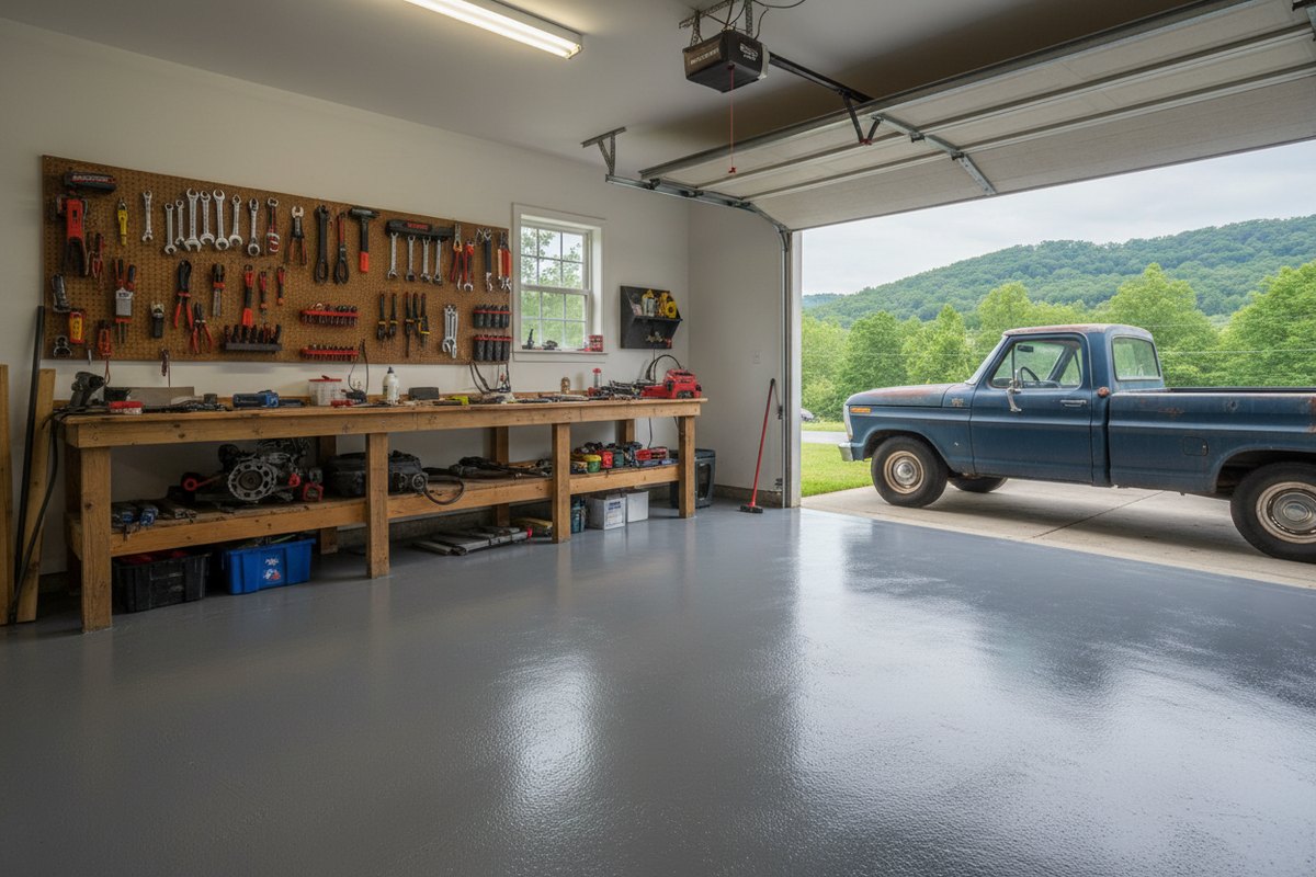 Epoxy-coated garage floor at a Powell, TN home