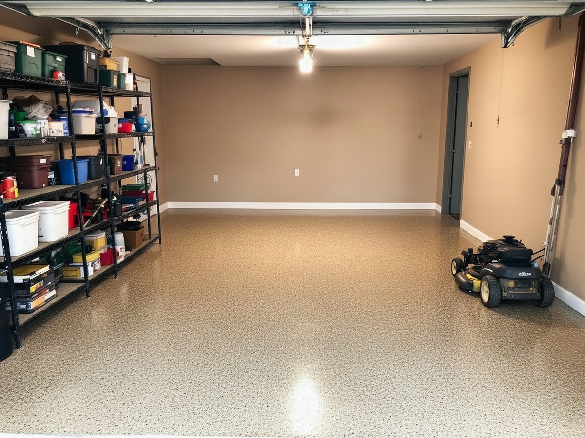 Illustrative example: the same garage floor finished in seamless high-gloss tan-and-charcoal flake epoxy, after coating