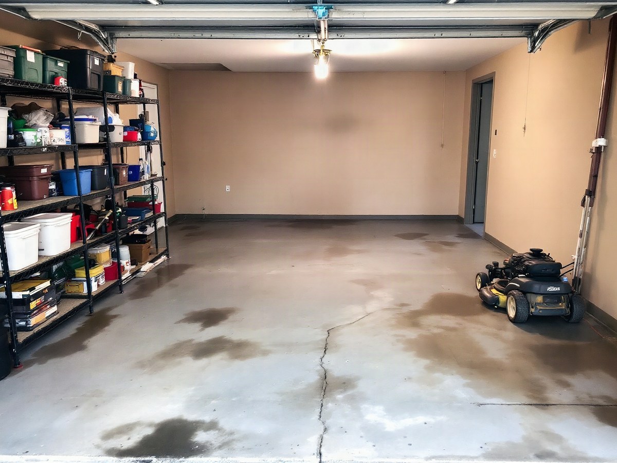 A Knoxville garage’s bare concrete floor with old oil stains, salt marks, pitting and a crack running from the drain, before an epoxy coating