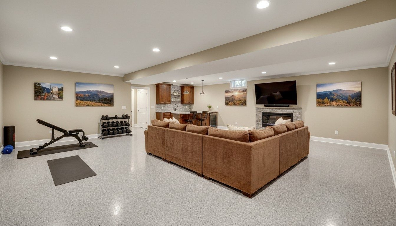 A finished basement with a smooth satin epoxy floor, illustrative example