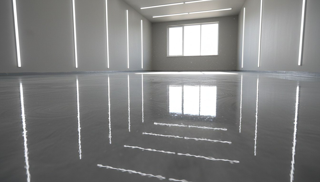 A polyaspartic-coated garage floor, illustrative example